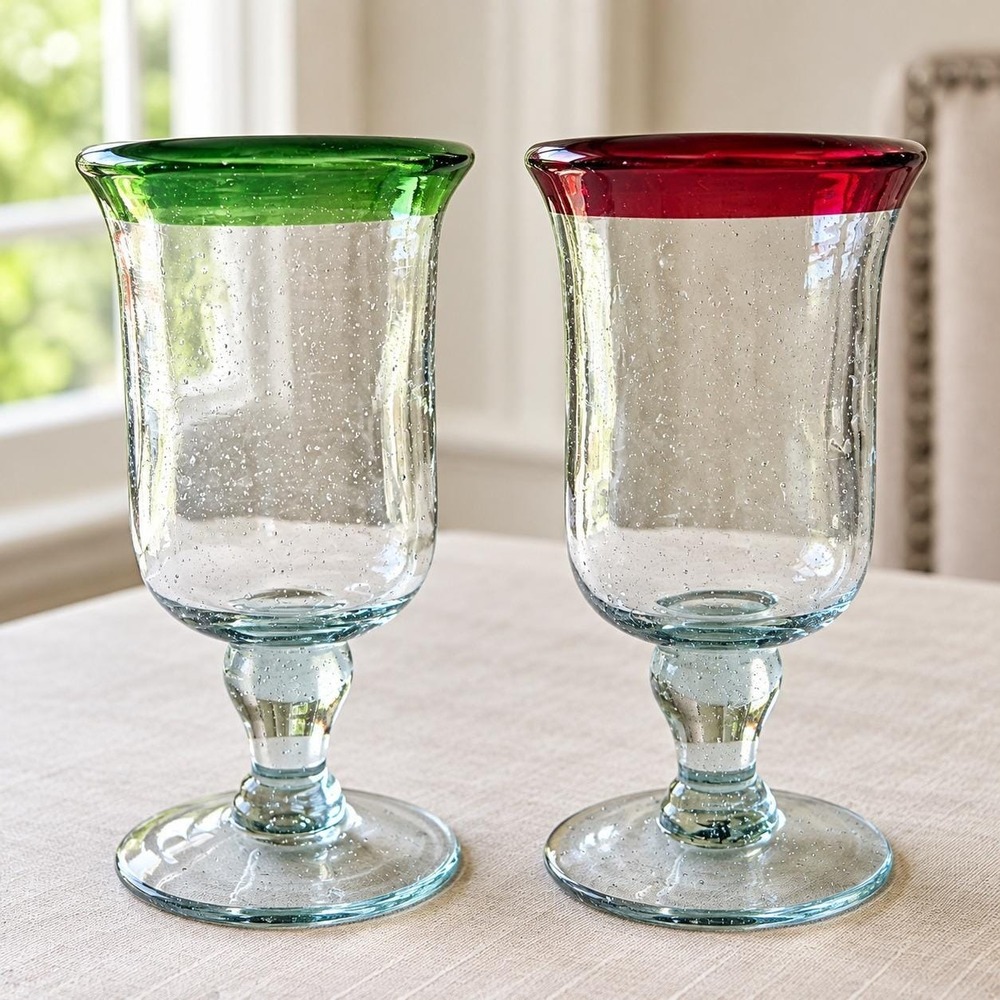 1SourceInc Handblown Seeded Glass Goblets Red Green Rim Christmas Set of 2